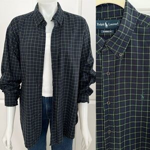 Ralph Lauren Navy & Green Check Oversized Oxford Shirt - Polo Button Down